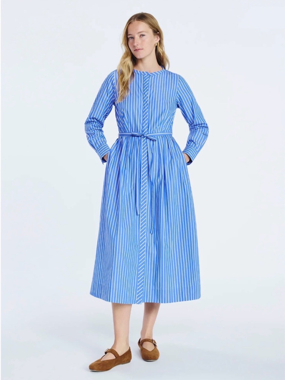 Striped Blue Long-Sleeve Tie-Waist Midi Dress
